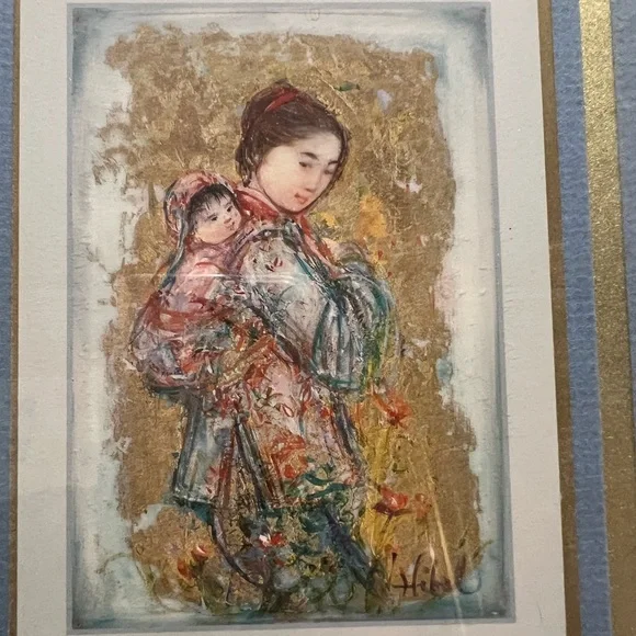 Vintage Japanese Woman Carrying Baby Print by Edna Hibel 8 x 12 Matt Frame Rare